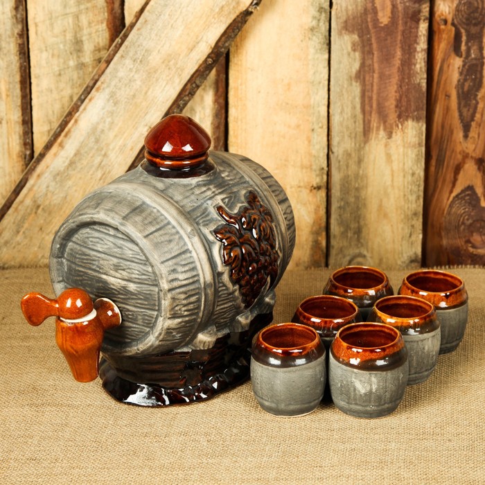 Бочка для вина с рюмками "Виноград", серая, 3,5 л, микс