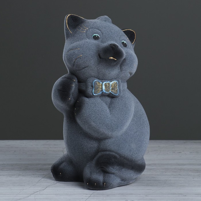 Копилка "Кот Пушистик" малая, серая, флок