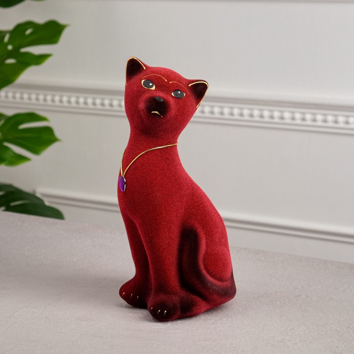 Копилка "Кот Яша" малая, флок, бордовая