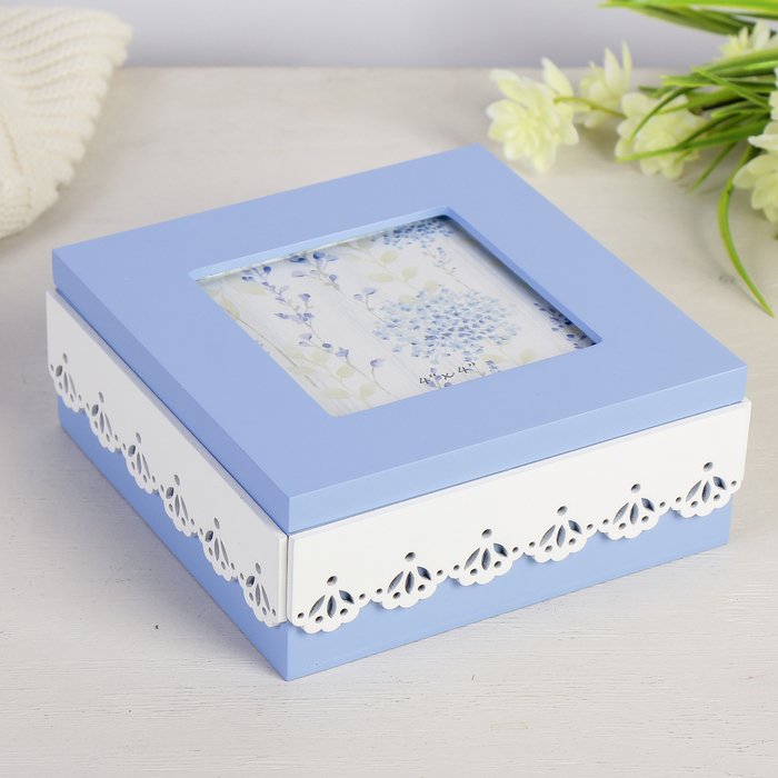 Шкатулка дерево с фоторамкой 10х10 см "Голубые мечты" 15х15х6 см