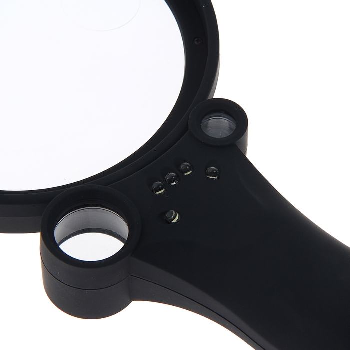 Лупа х2,5, х4,5, х9 и х16, 5LED, 3 режима подсветки, 4 круглых батарейки, цвет черный