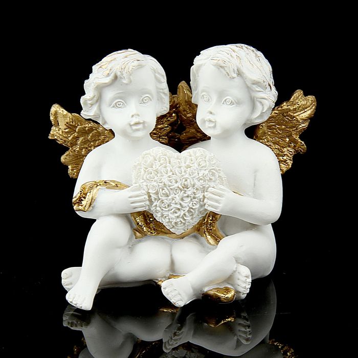 Сувенир "2 ангела с цветочным сердцем" золотистый, МИКС