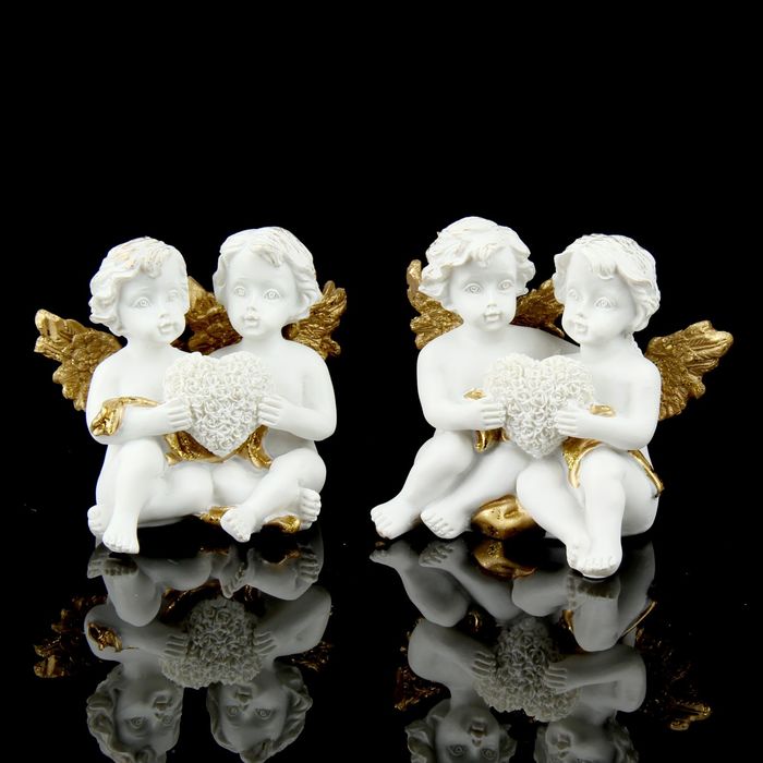Сувенир "2 ангела с цветочным сердцем" золотистый, МИКС