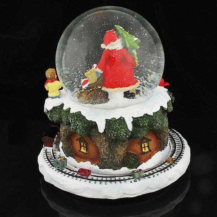 Сувенир снежный шар "Дед Мороз с паровозиком" музыкальный, механический