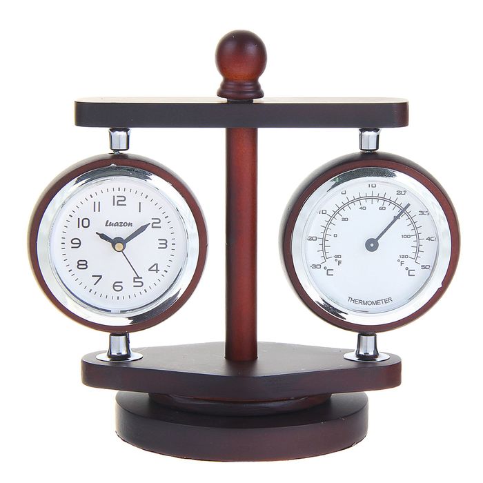 Часы настольные серии Дерево, часы ,термометр,2 фоторамки(d=4см) вращ. 10*13,5см сосна мдф