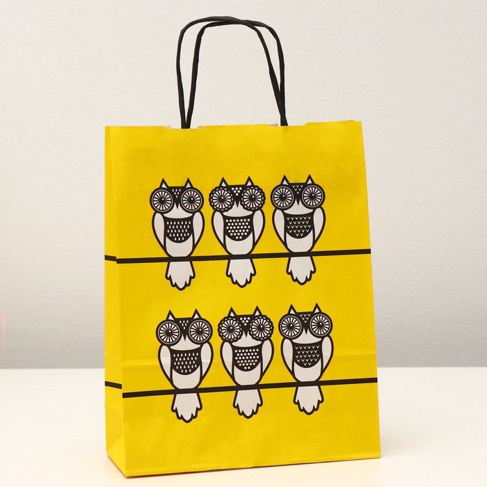 Пакет крафт "Совы" желтый, 25 х 10 х 32 см