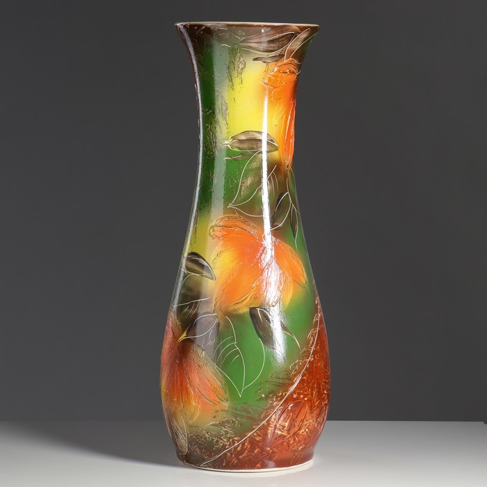 Ваза напольная "Осень" оранжевые цветы, салатовая