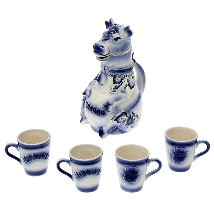 Набор молочный "Буренка" гжель, 5 предметов, 1,5 л