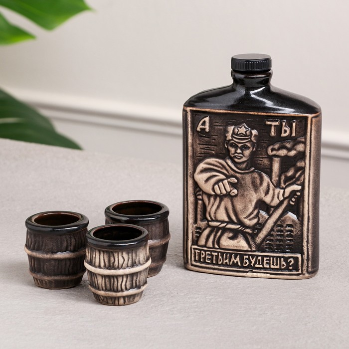 Штоф с рюмками "Фляга на троих" 4 предмета, 0,35 л/ 0,05 л, микс