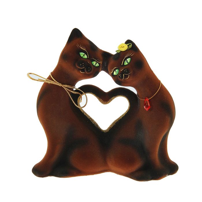 Копилка "Кошки" в форме сердца, малая, флок, коричневая