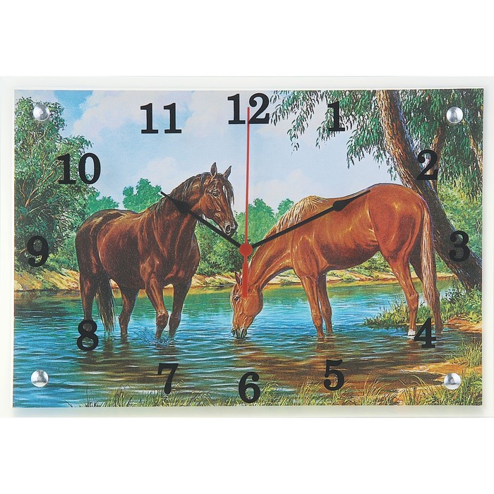 Часы настенные прямоугольные "Лошади на водопое", 25х35 см микс