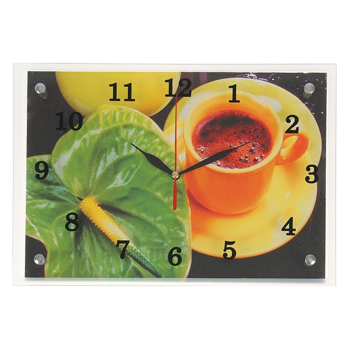 Часы настенные прямоугольные "Кофе и зеленый цветок", 25х35 см микс