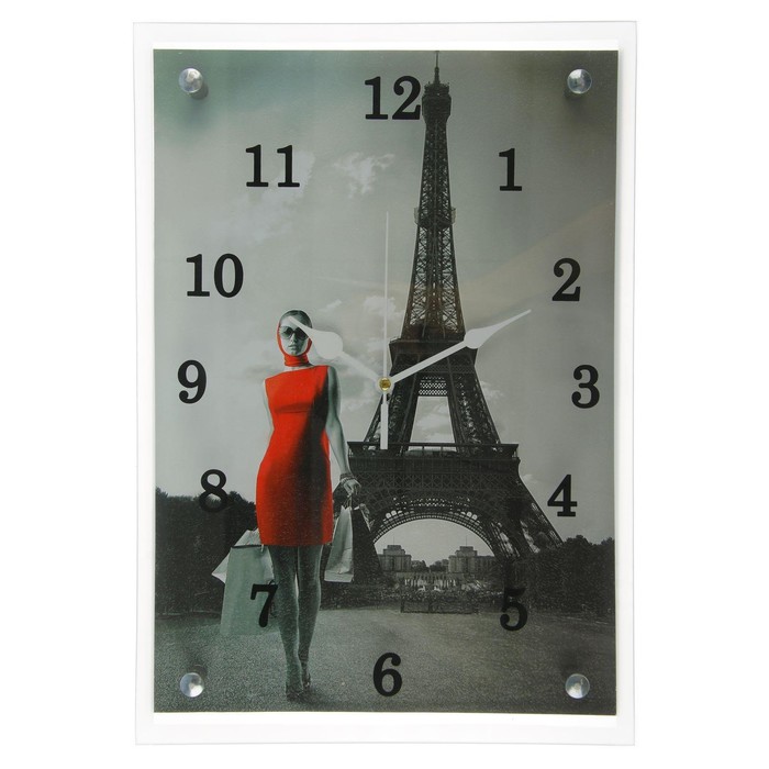 фото Часы настенные, серия: город, "девушка в красном платье в париже", микс 25х35 см сюжет
