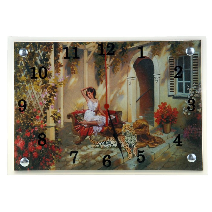 Часы настенные прямоугольные "Девушка с леопардом в саду", 25х35 см микс