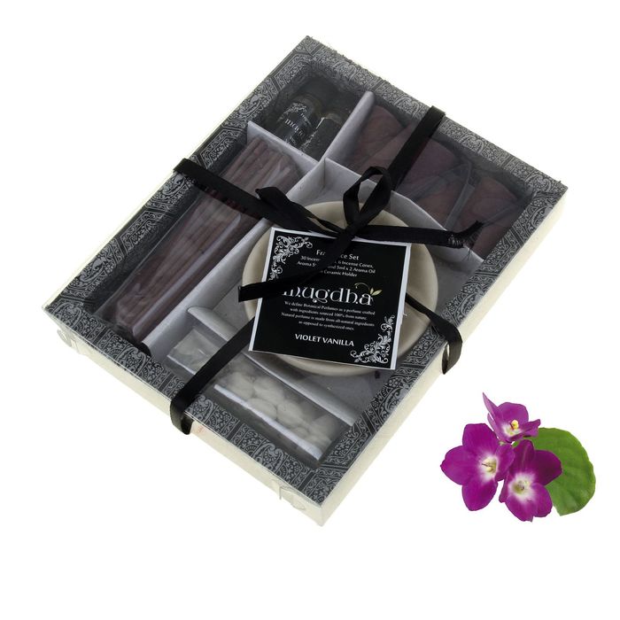 Набор 30 палочек Масала, 16 конусов, подставка, аромакамни, 2х5 мл аромамасло Фиалка