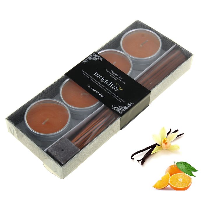 Набор 4 свечи, 30 палочек Масала, подставка Ваниль - Апельсин