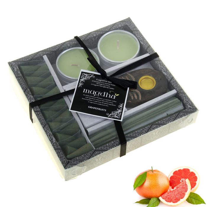 Набор 30 палочек Масала, 16 конусов, 2 свечи, подставка Грейпфрут