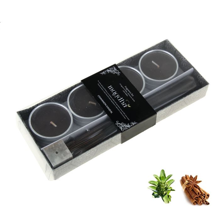 Набор 4 свечи, 30 палочек Масала, подставка Корица - Сандал