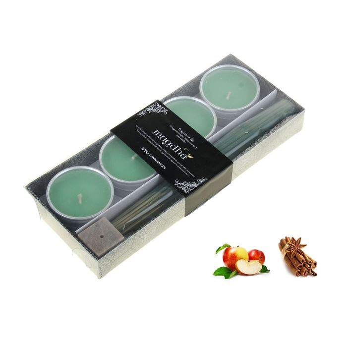 Набор 4 свечи, 30 палочек Масала, подставка Яблоко - Корица