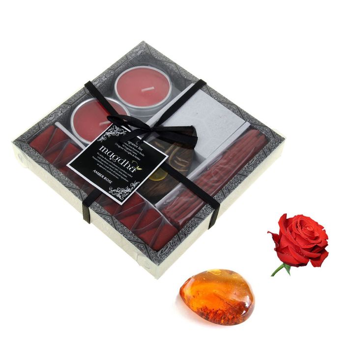 Набор 30 палочек Масала, 16 конусов, 2 свечи, подставка Амбер - Роза