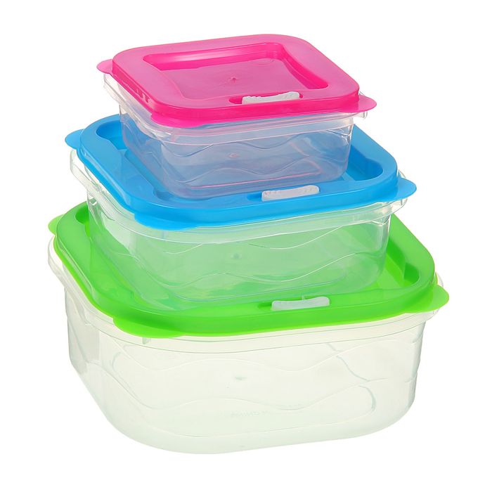 Набор пищевых контейнеров с крышками "Радуга", 3 шт, квадрат 16х7 см