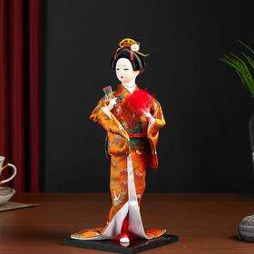 Кукла коллекционная "Гейша в оранжевом кимоно с веером" 22,5 см от Сима-ленд
