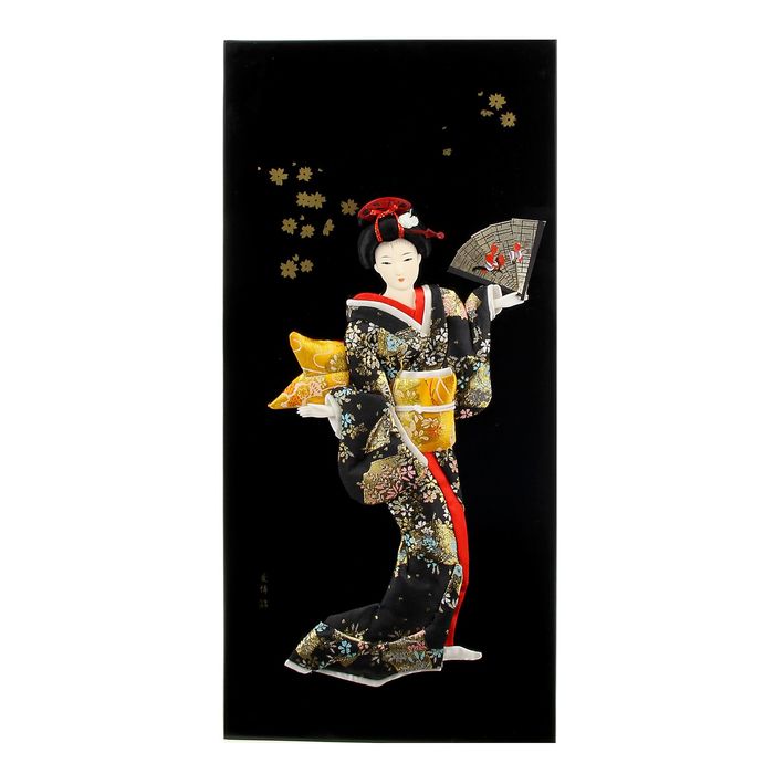 Панно интерьерное "Гейша с веером на чёрном"