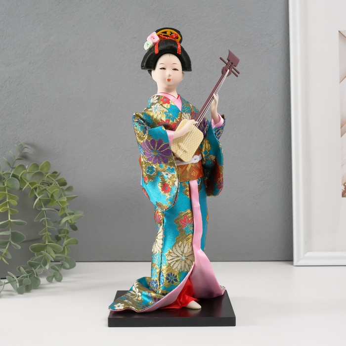 фото Кукла коллекционная "гейша в цветочном кимоно с музыкальным инструментом"