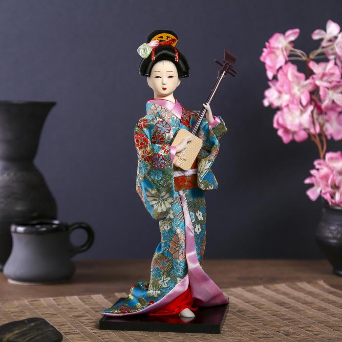 фото Кукла коллекционная "гейша в цветочном кимоно с музыкальным инструментом"