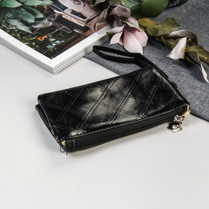 Кошелек женский "Ромбы", 3 отдела, с ручкой, цвет черный