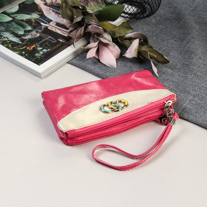 Кошелек женский "Кольца", 3 отдела, с ручкой, цвет малиново-бежевый