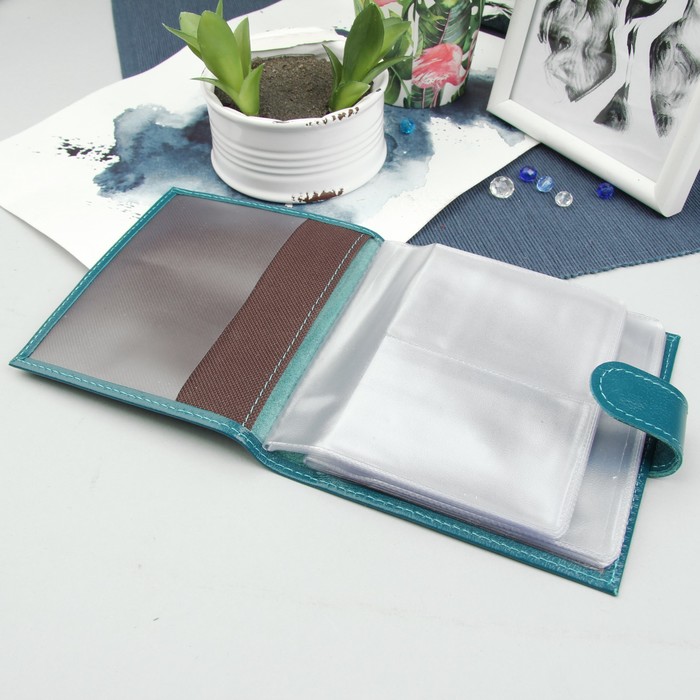 Визитница на кнопке, 2 ряда, 24 листа, наплак, цвет тёмно-бирюзовый