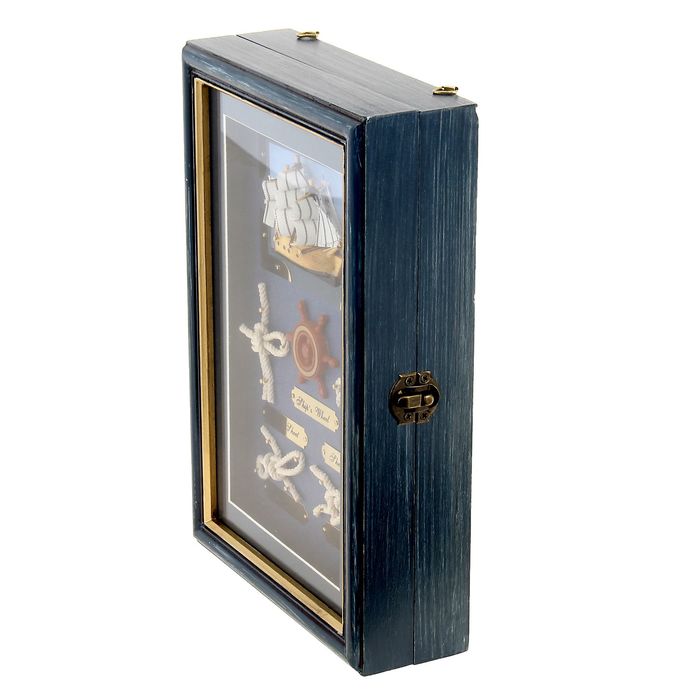 Ключница "Корабль, штурвал и морские узлы" синяя