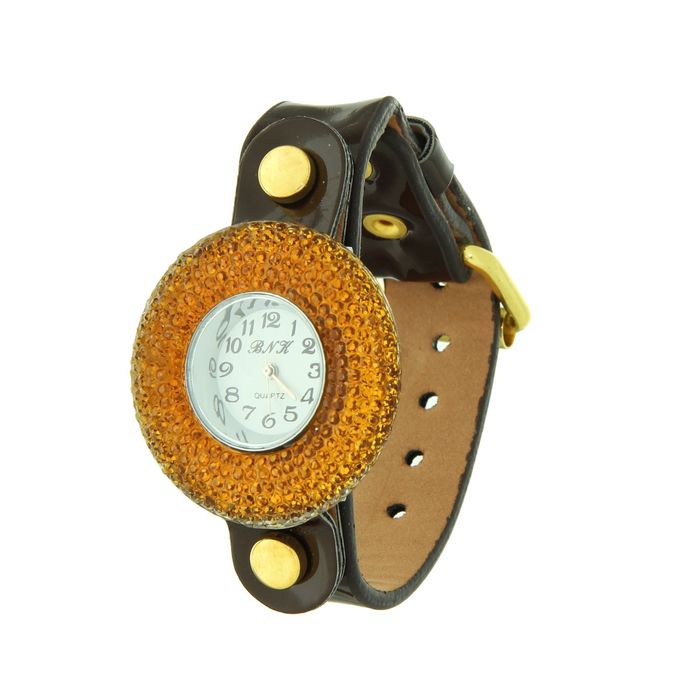 Часы женские наручные, коричневый лак ремешок, циферблат "Бабочка" и "Шар", микс