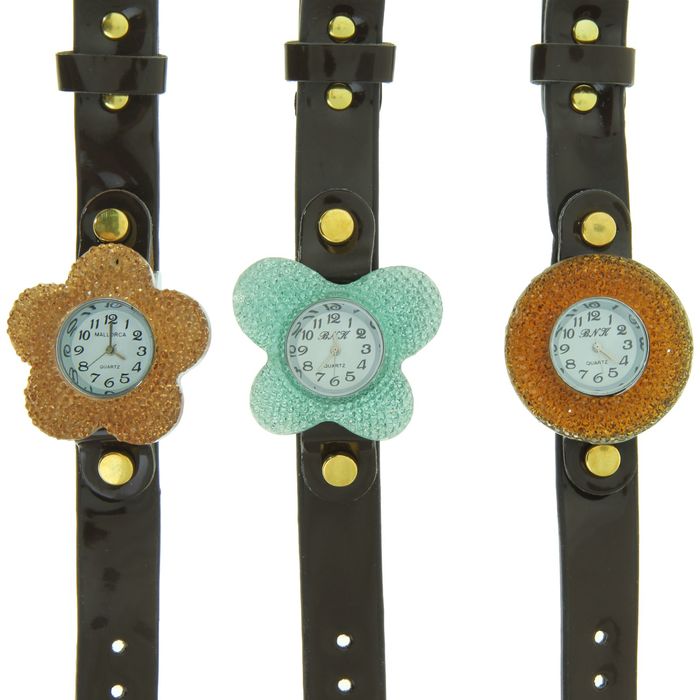 Часы женские наручные, коричневый лак ремешок, циферблат "Бабочка" и "Шар", микс