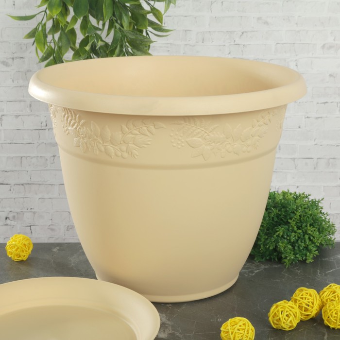 Кашпо 7,5 л "Рябина" d=28 см, с поддоном, цвет белая глина