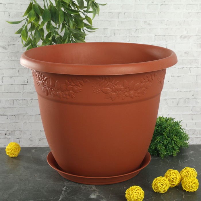 Кашпо 7,5 л "Рябина" d=28 см, с поддоном, цвет терракотовый