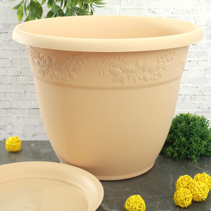 Кашпо 10 л, d=31 см "Рябина" с поддоном, цвет белая глина