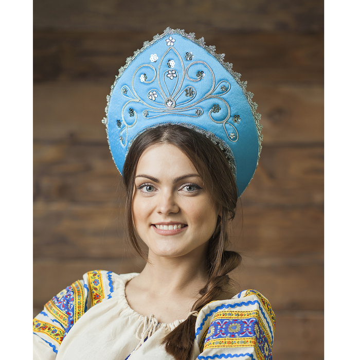 Кокошник взрослый "Красивый узор" на резинке, цвет голубой