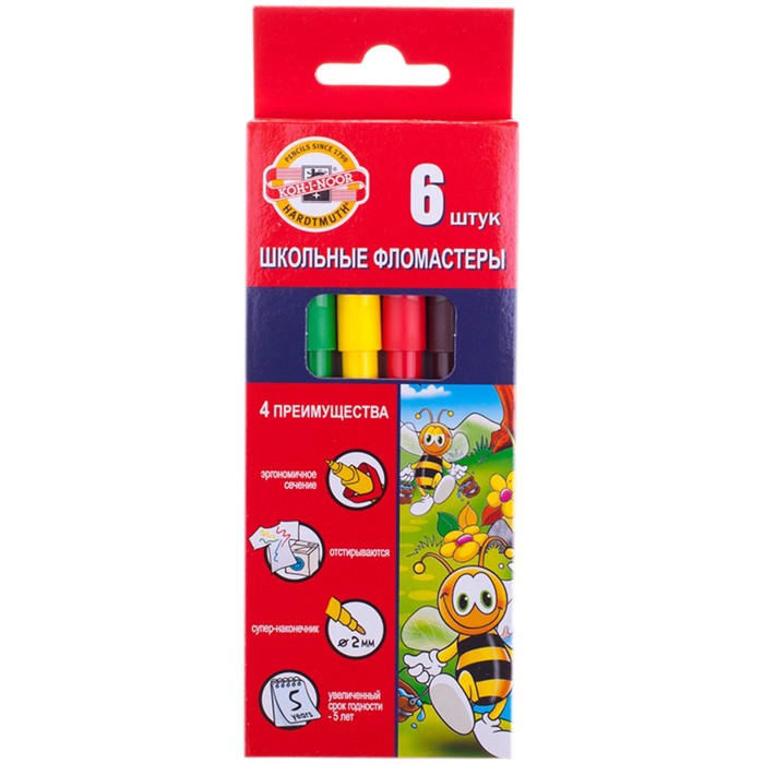 Фломастеры трехгранные 6 цветов "Пчелка", европодвес