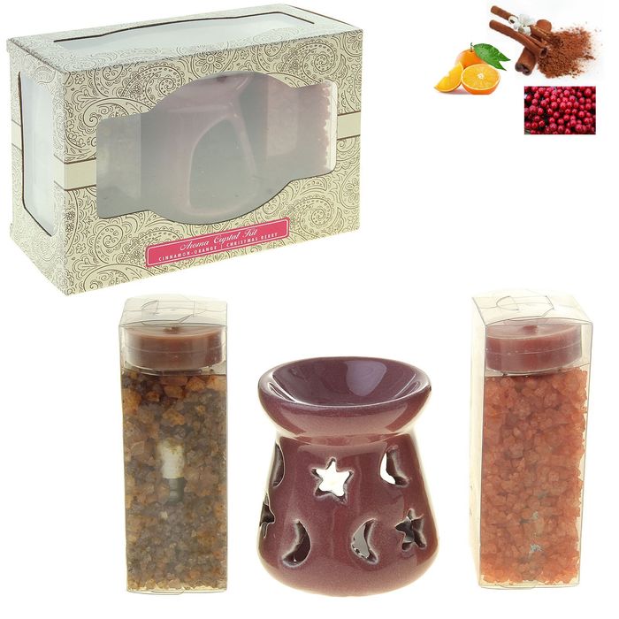 Набор "Ароматы Индии" (аромалампа, аромакристаллы, свечи, аромамасло) Корица-Апельсин и Рождественские ягоды