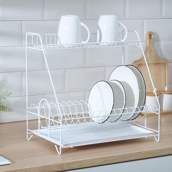 Сушилка для посуды с поддоном 2-х ярусная, 24×40×38 см, цвет белый сушилка для посуды 2 х ярусная цвет микс