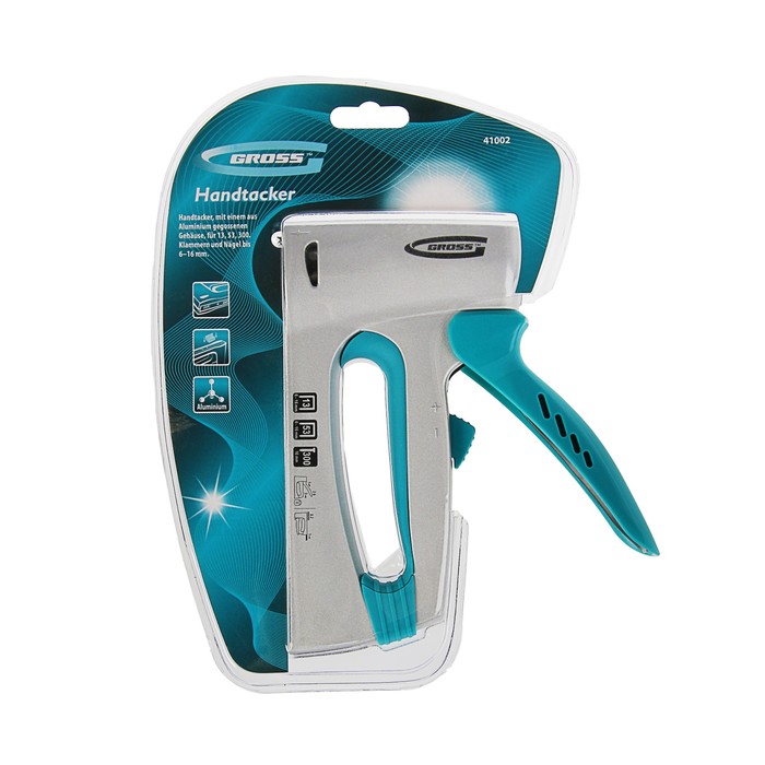 Степлер мебельный Gross, 6-16 мм, тип 13, 53, 47, алюминиевый корпус, регулировка удара