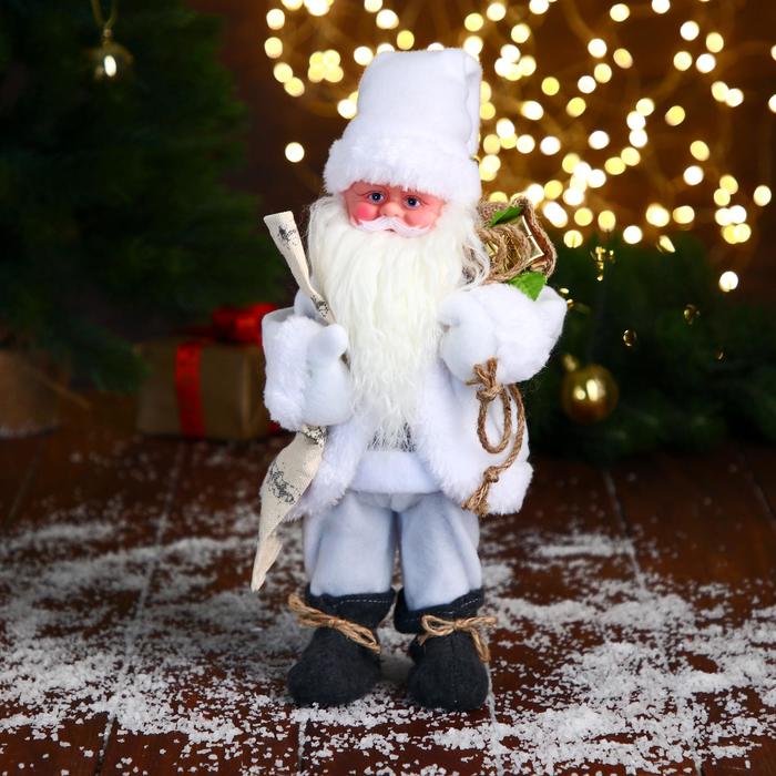 Дед Мороз В белом полушубке с мешком двигается, 29 см