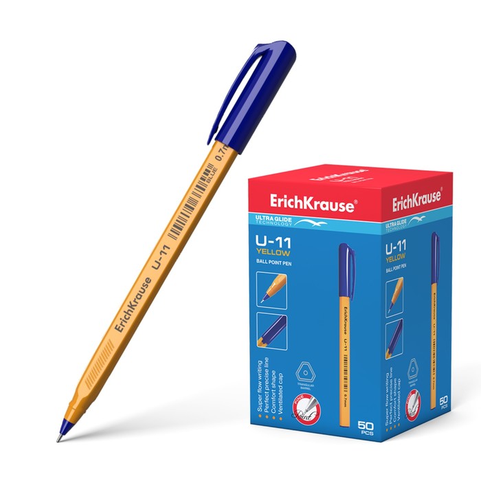 Ручка шариковая Erich Krause U-11 Yellow, узел 0.7мм, чернила синие, трехгранная, одноразовая, длина линии письма 1000м