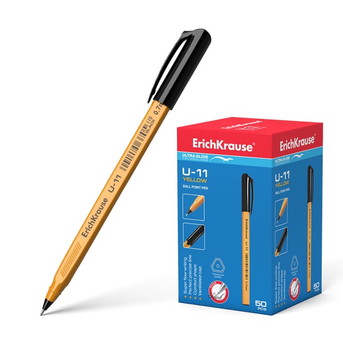 Ручка шариковая Erich Krause U-11 Yellow, узел 0.7мм, чернила чёрные, трехгранная, одноразовая, длина линии письма 1000м