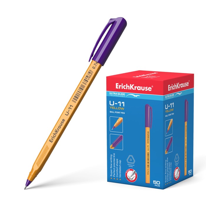 Ручка шариковая Erich Krause U-11 Yellow, узел 0.7мм, чернила фиолетовые, трехгранная, одноразовая, длина линии письма 1000м