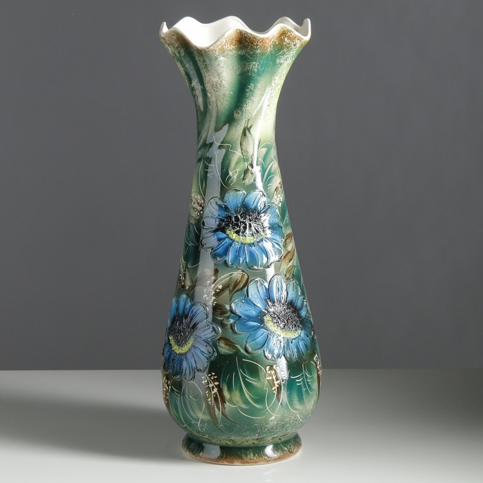 Ваза напольная "Вьюн" декор, зелёная, синие цветы