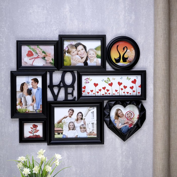 Фоторамка на 8 фото 7х9, 12х12, 10х15, 14х14, 13х18, 15х20, 27х10 см "Любовь" чёрная