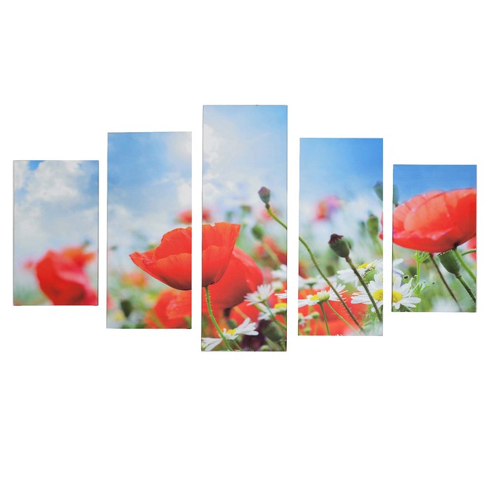 Модульная картина на подрамнике "Полевые маки", 2 — 43×25, 2 — 58×25, 1 — 72×25 см, 75×135 см